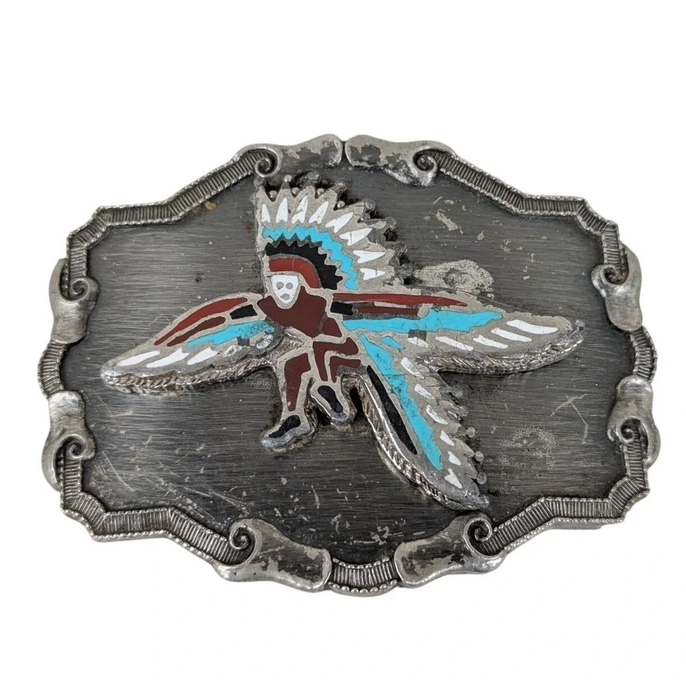 Vintage Southwest Belt Buckle Silver Tone Red Turquoise Man Bird Design Good